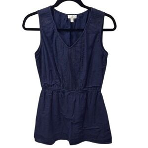 Navy Blue Sleeveless Top Embroidered Details Cinched Waist Casual Dress